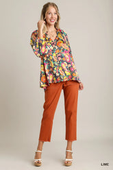 Umgee Full Size Satin Paisley Ruffle Neck Button-Up Shirt Plus Size OutfitFlow